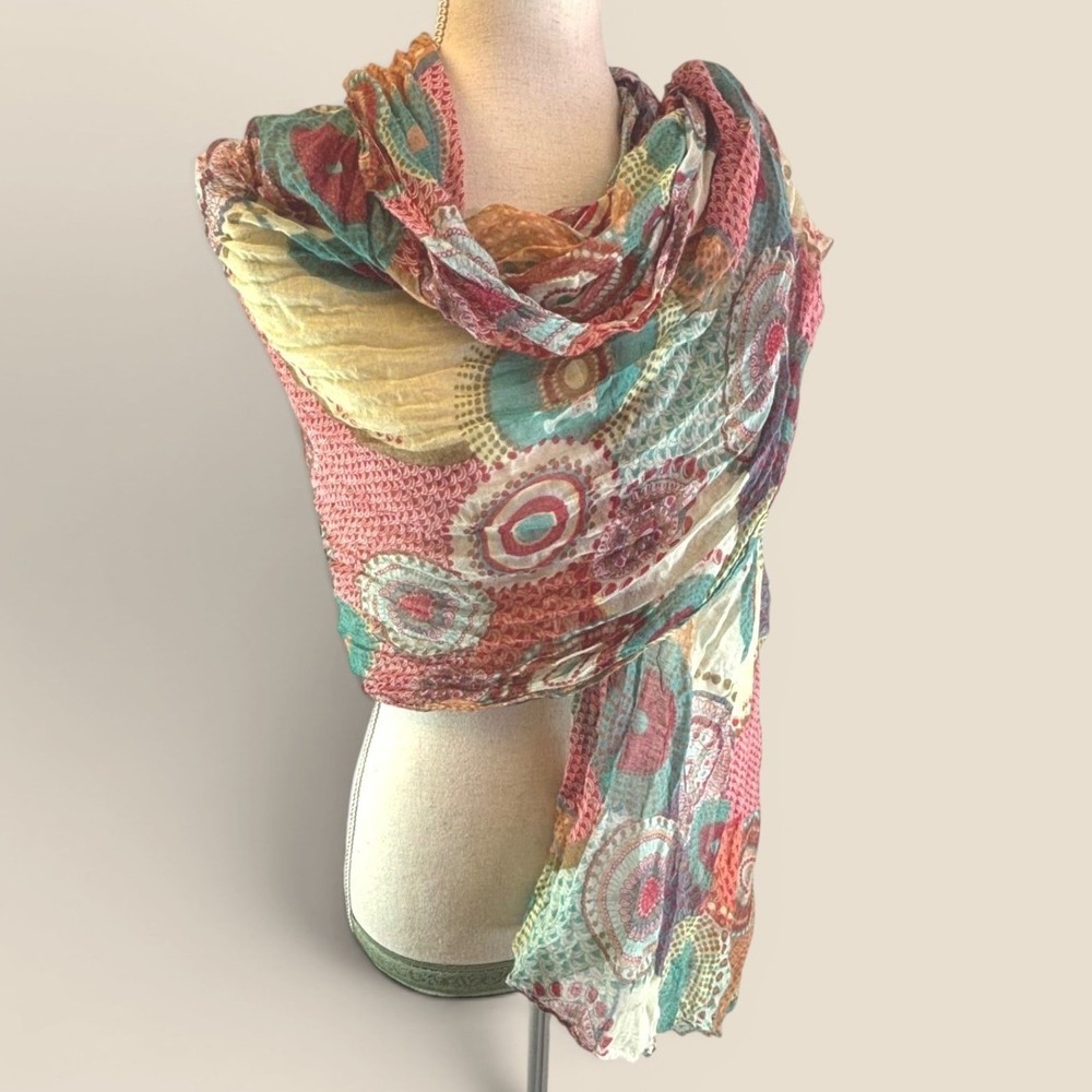 Abstract Scarf Joy Susan Geometric Circle Print Gauze Wrap Boho Artsy Pink Green
